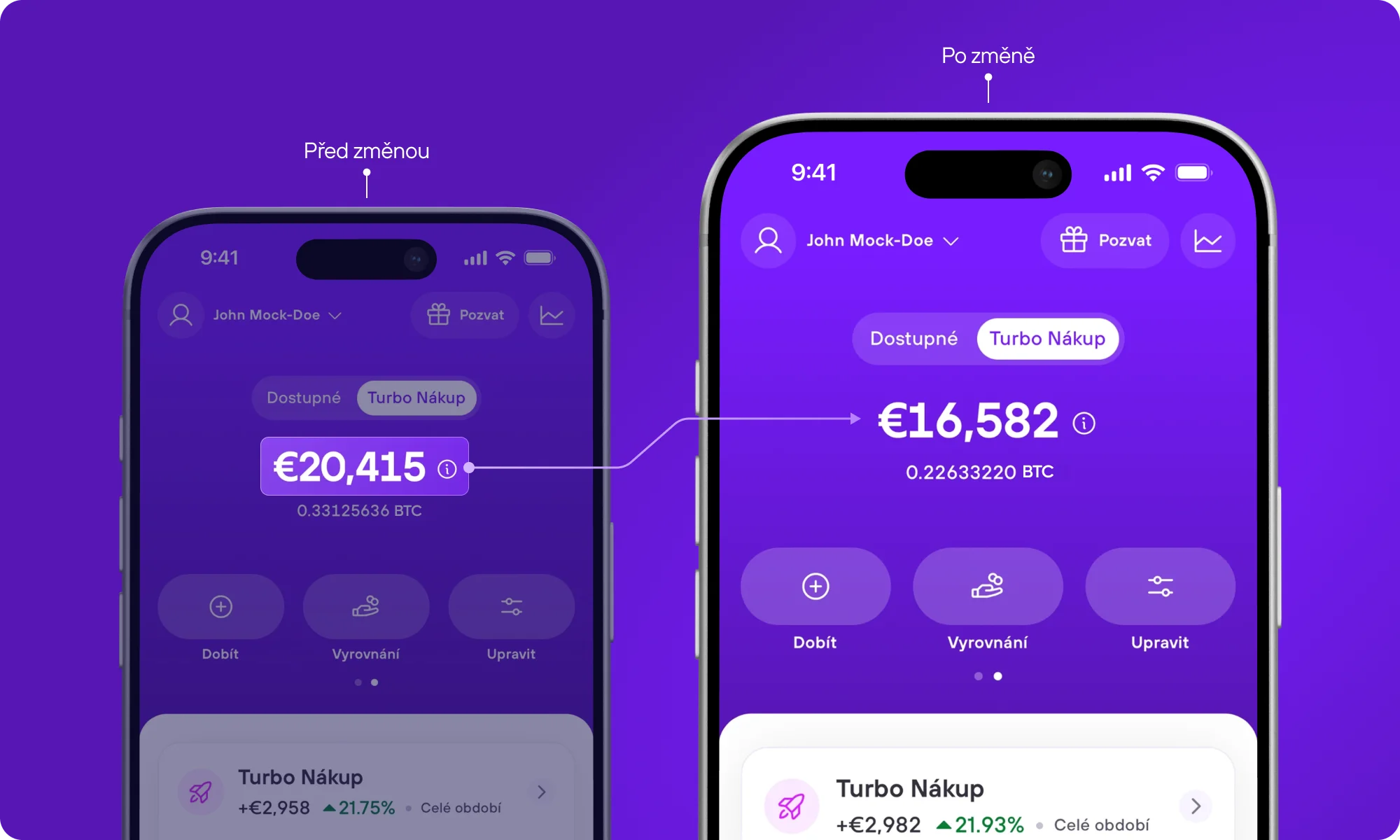 Zobrazení hodnoty Turbo strategie na dashboardu aplikace Invity před změnou a po změně