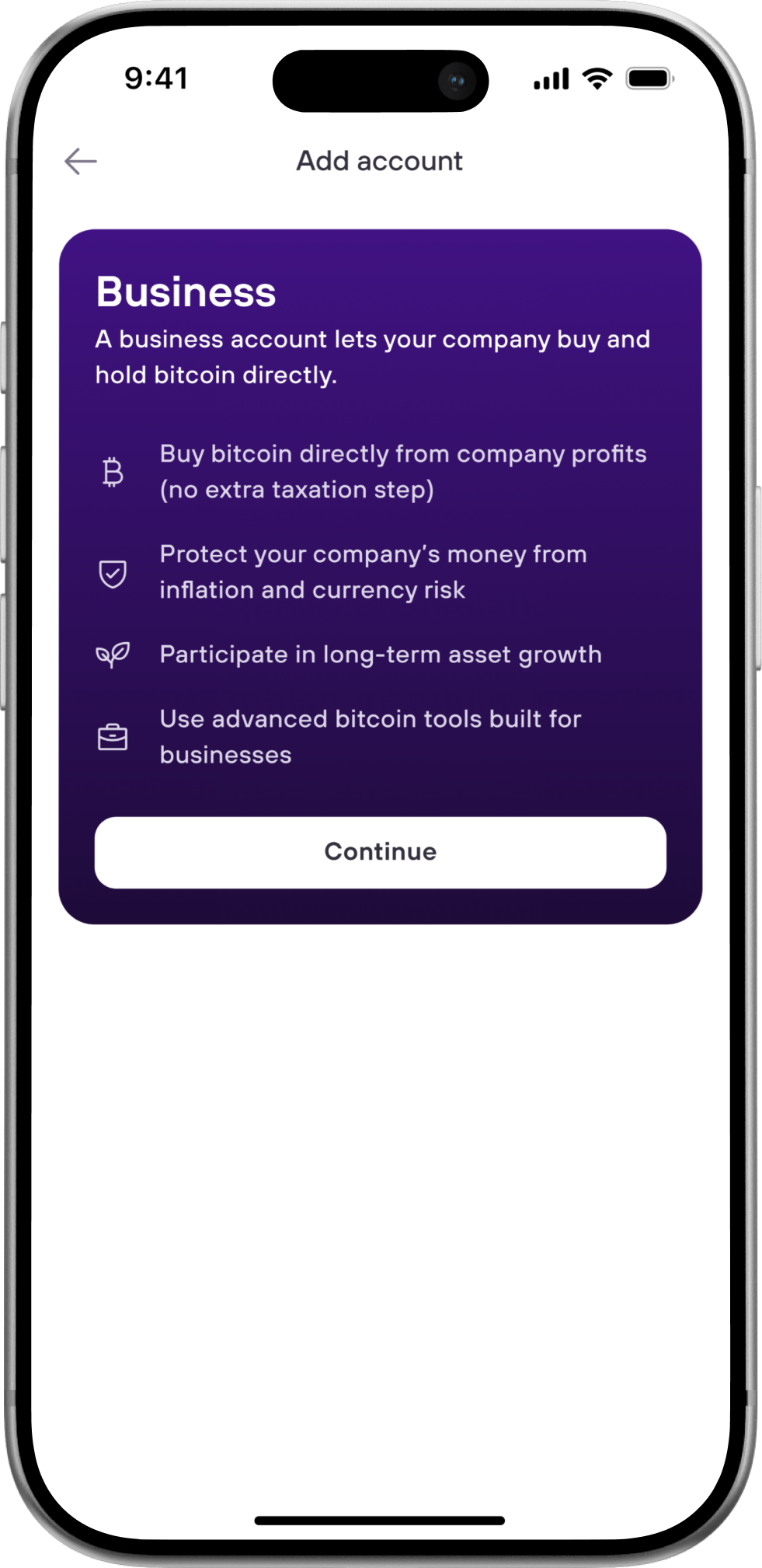 Business account onboarding screen