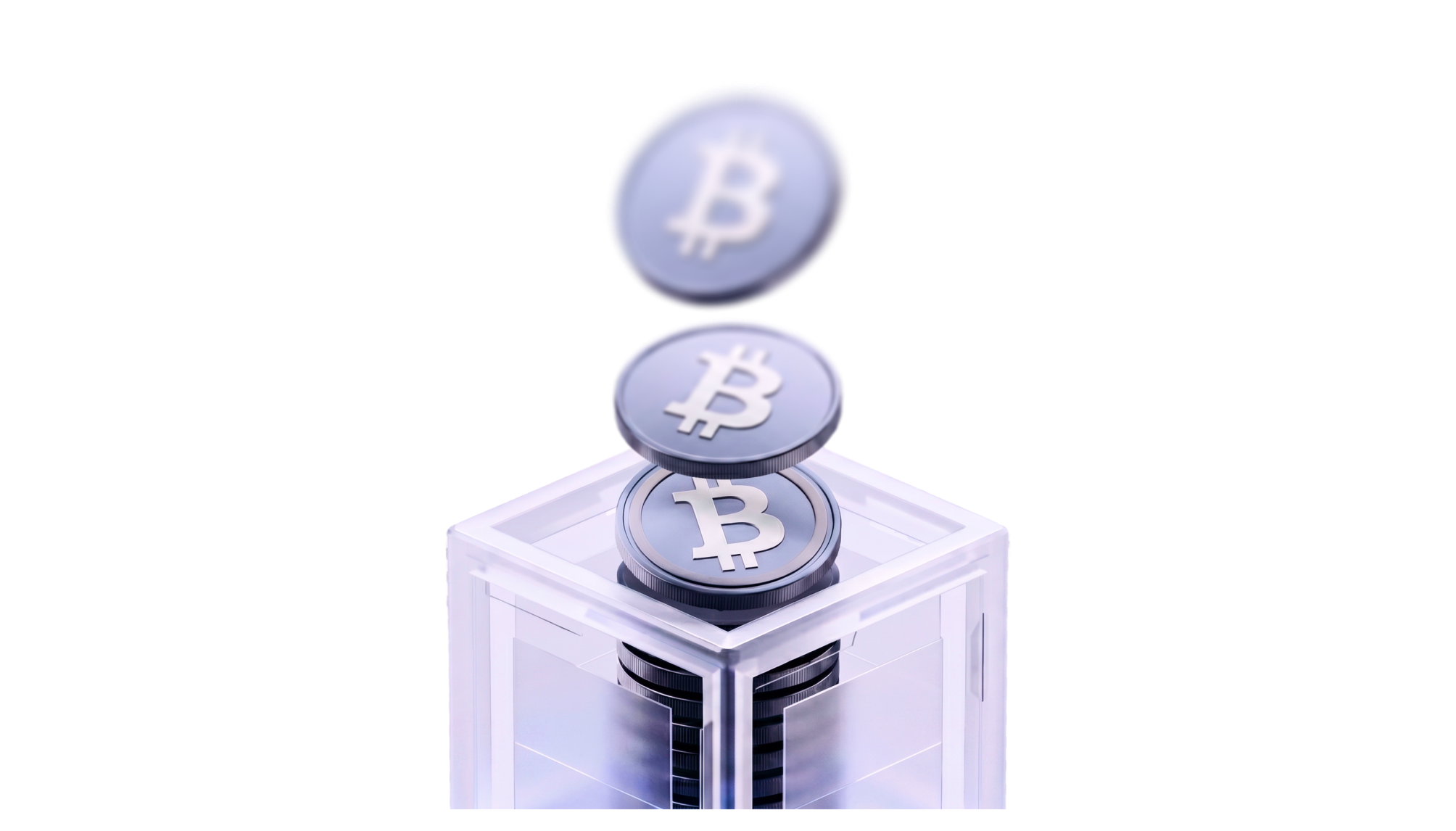 Stacked Bitcoin coins on a glass cube